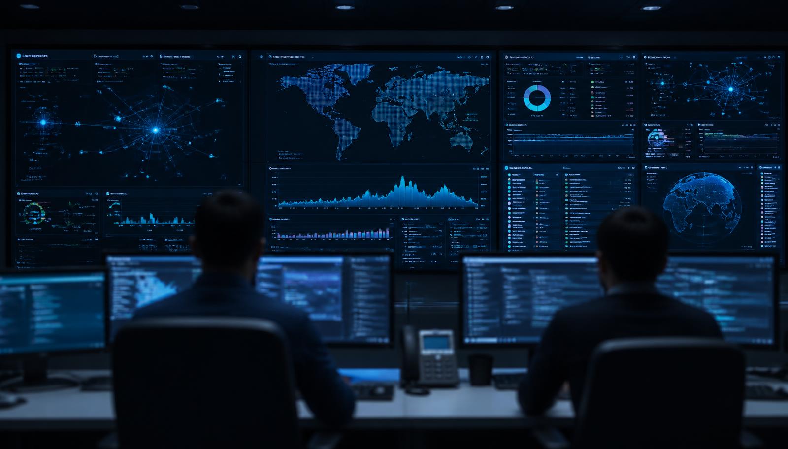 Sala de monitorización de seguridad con paneles de eventos y gráficos de red